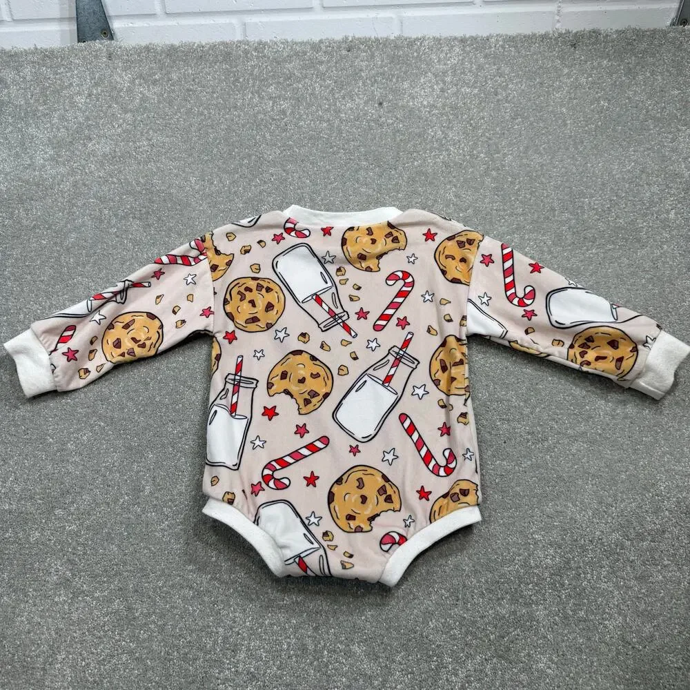 Christmas One Piece Milk and Cookies Sweatshirt Sweatshirt Romper 12-18 Mos Pink
